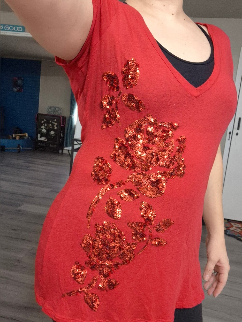 Sequin Rose V-Neck Top
